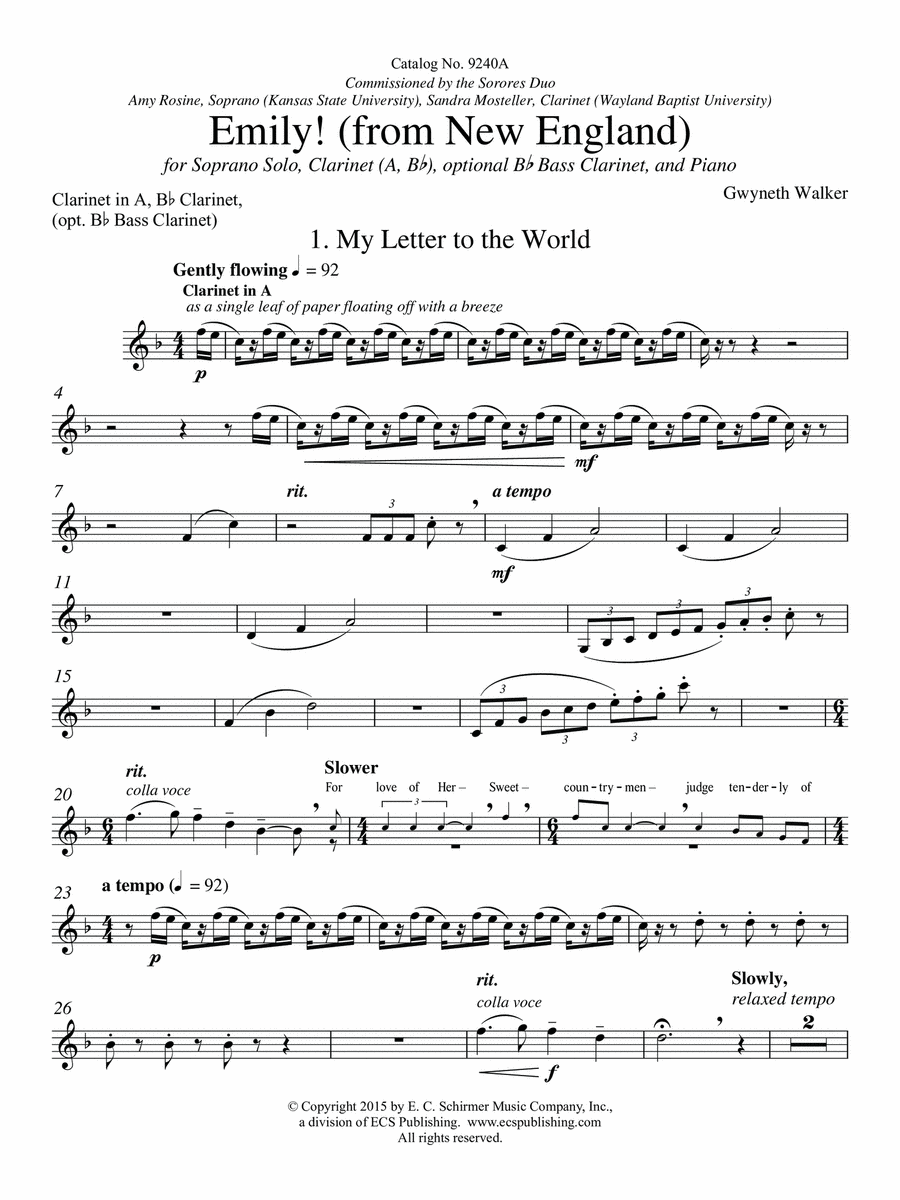 Emily! (from New England) (Downloadable Clarinet Part for Clarinet/Piano Version) Clarinet scores gallery preview page 1