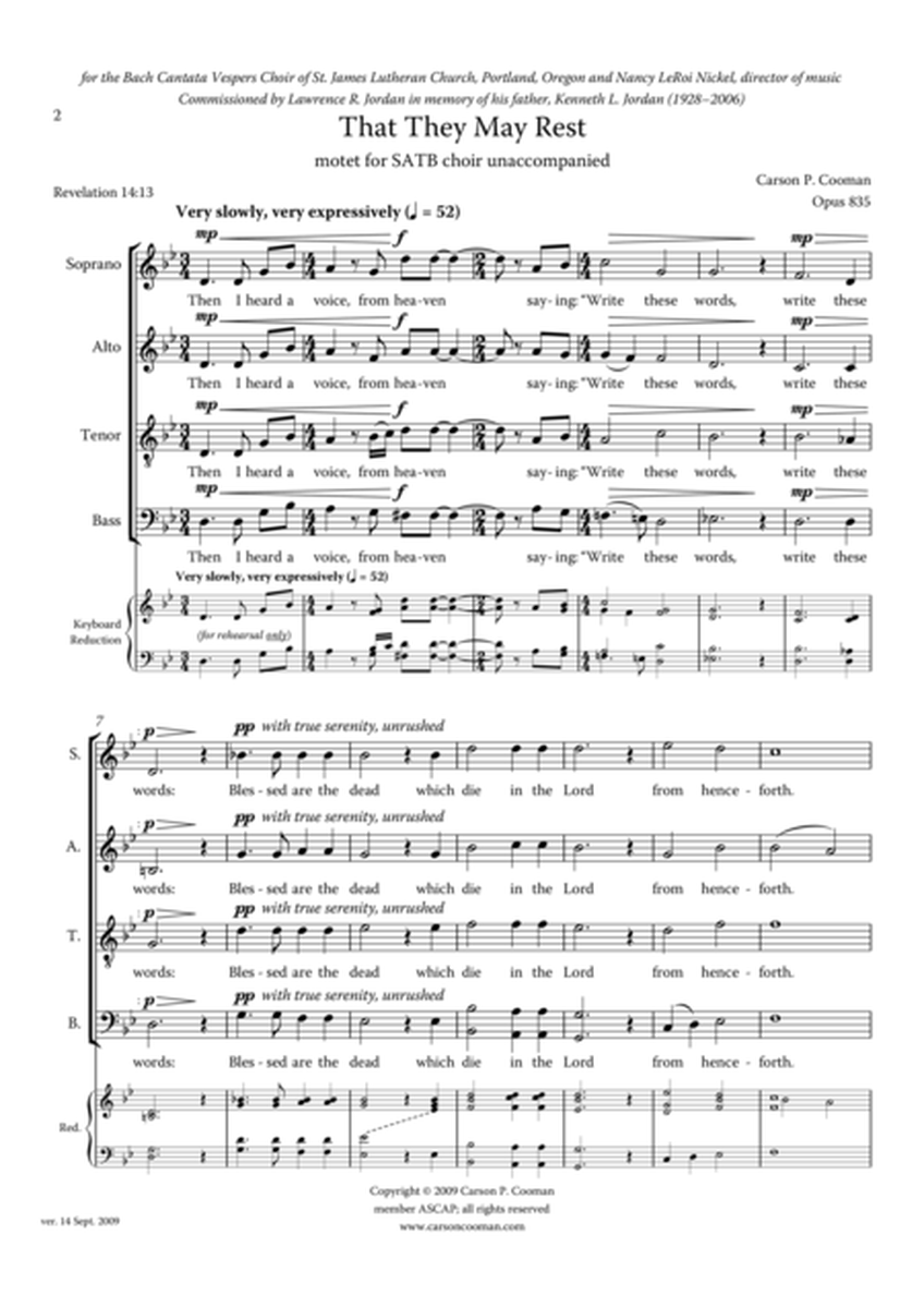 Carson Cooman - That They May Rest, motet for a capella SATB chorus