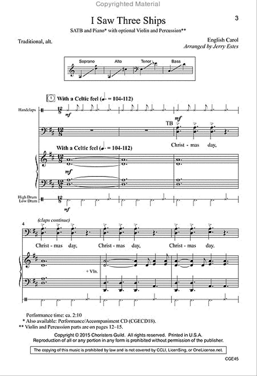 I Saw Three Ships (SATB with opt. violin & percussion) 4-Part scores gallery preview page 2
