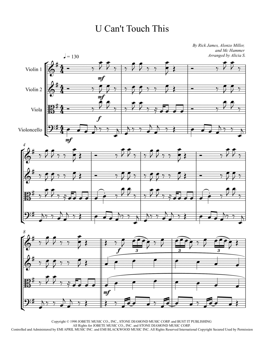 U Can't Touch This by MC Hammer String Quartet - Digital Sheet Music