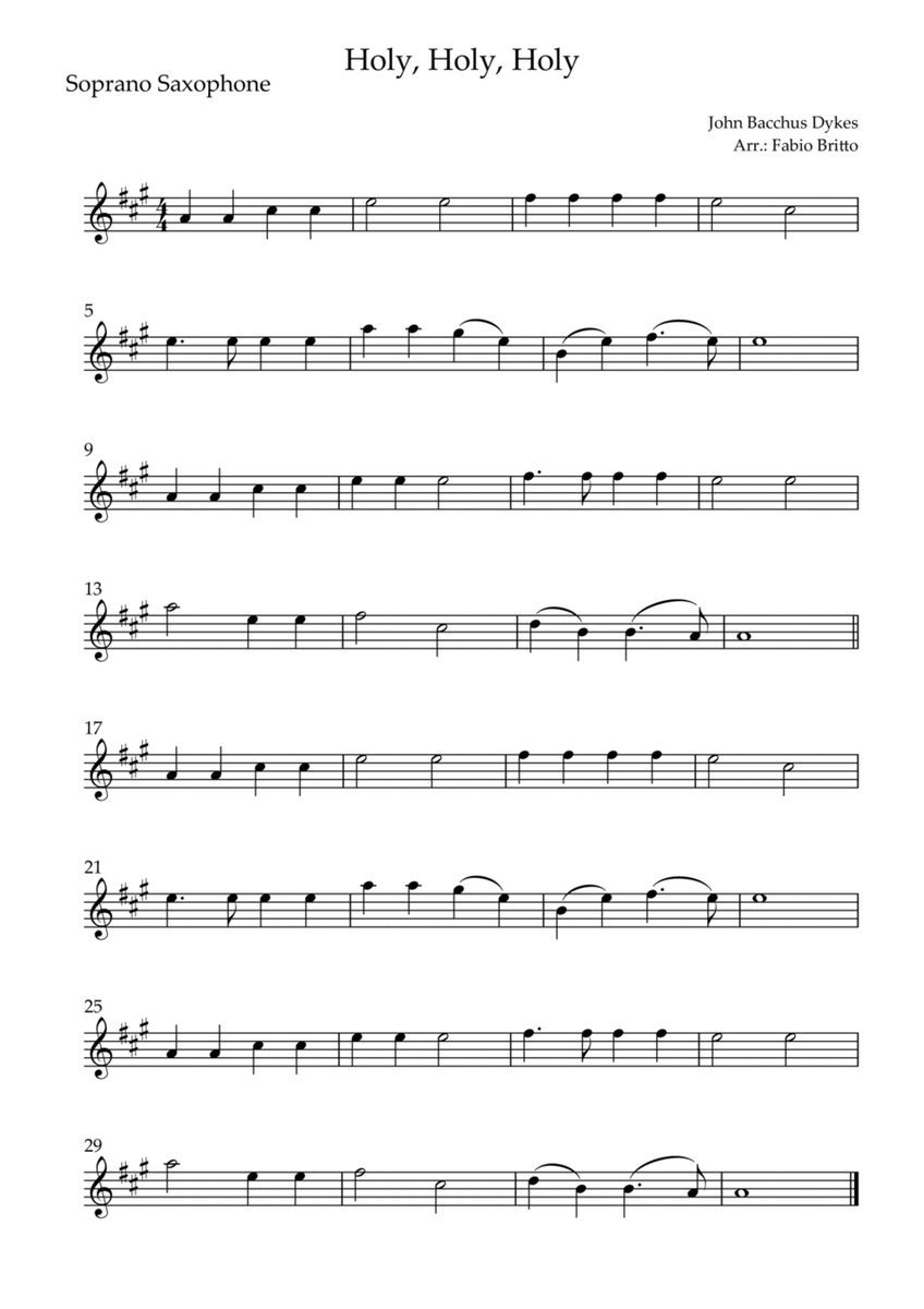 Holy, Holy, Holy (Traditional Christian Song) for Soprano Saxophone Solo