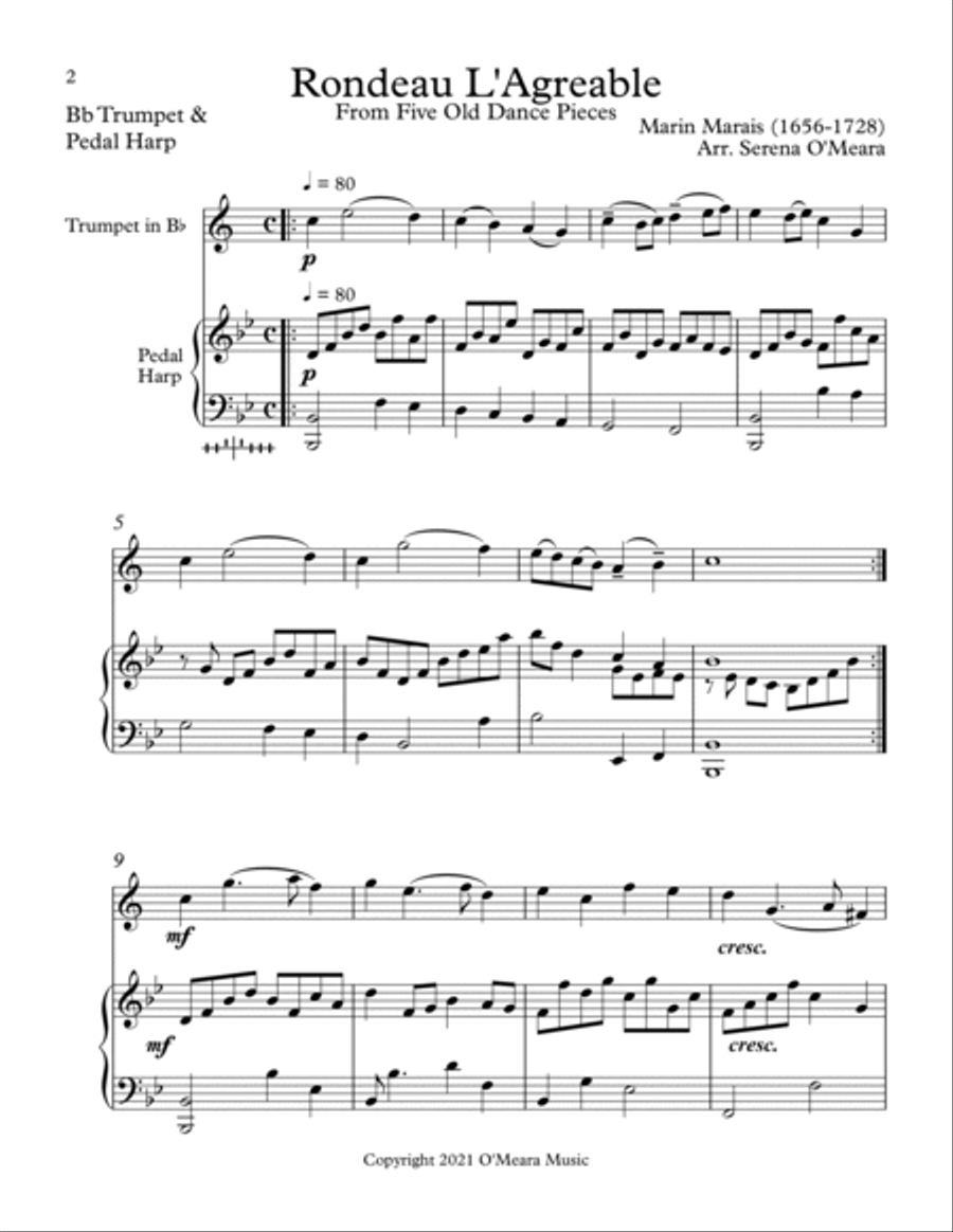 Rondeau L’Agreable, Duet for Bb Trumpet & Pedal Harp Trumpet Duet scores gallery preview page 2