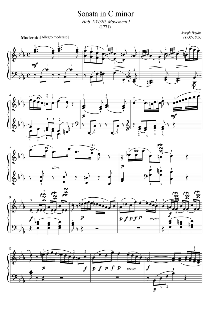 Haydn - Keyboard Sonata in C Minor, Hob. XVI:20 I. Allegro moderato - Original With Fingering Piano Solo scores gallery preview page 1