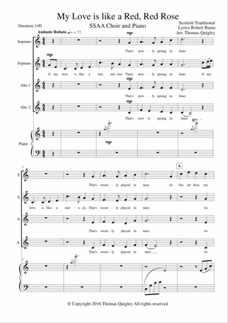 My Love is like a Red, Red, Rose SSAA scores gallery preview page 1
