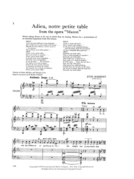 Adieu, Notre Petite Table, From 'Manon (F. & E.) (S.) by Jules Massenet Soprano Voice - Sheet Music