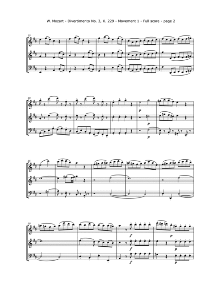 Mozart, W.A. - Divertimento No. 3, KV. 229 for 2 Violins and Cello String Trio scores gallery preview page 3