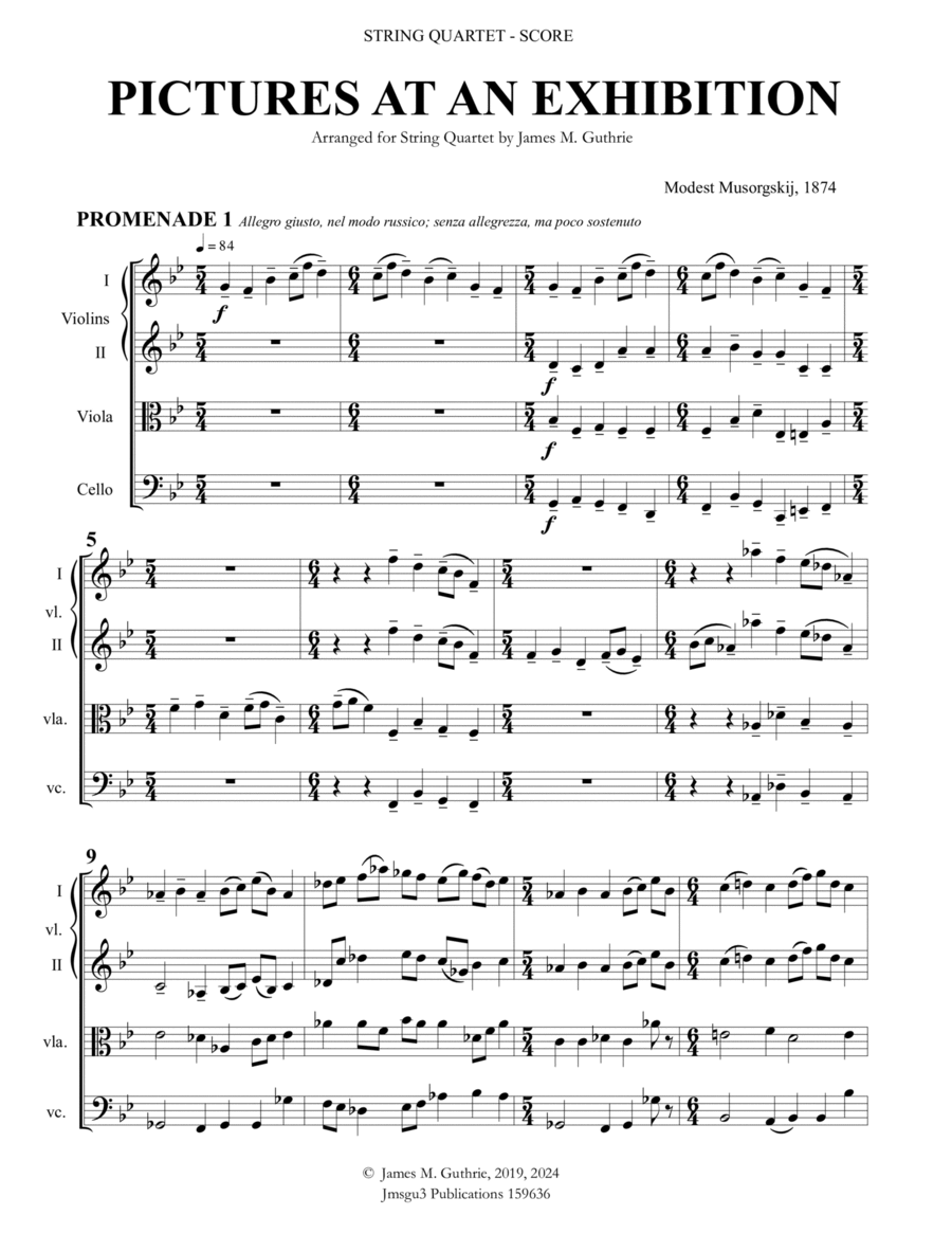 Mussorgsky: Pictures at an Exhibition for String Quartet String Quartet scores gallery preview page 1