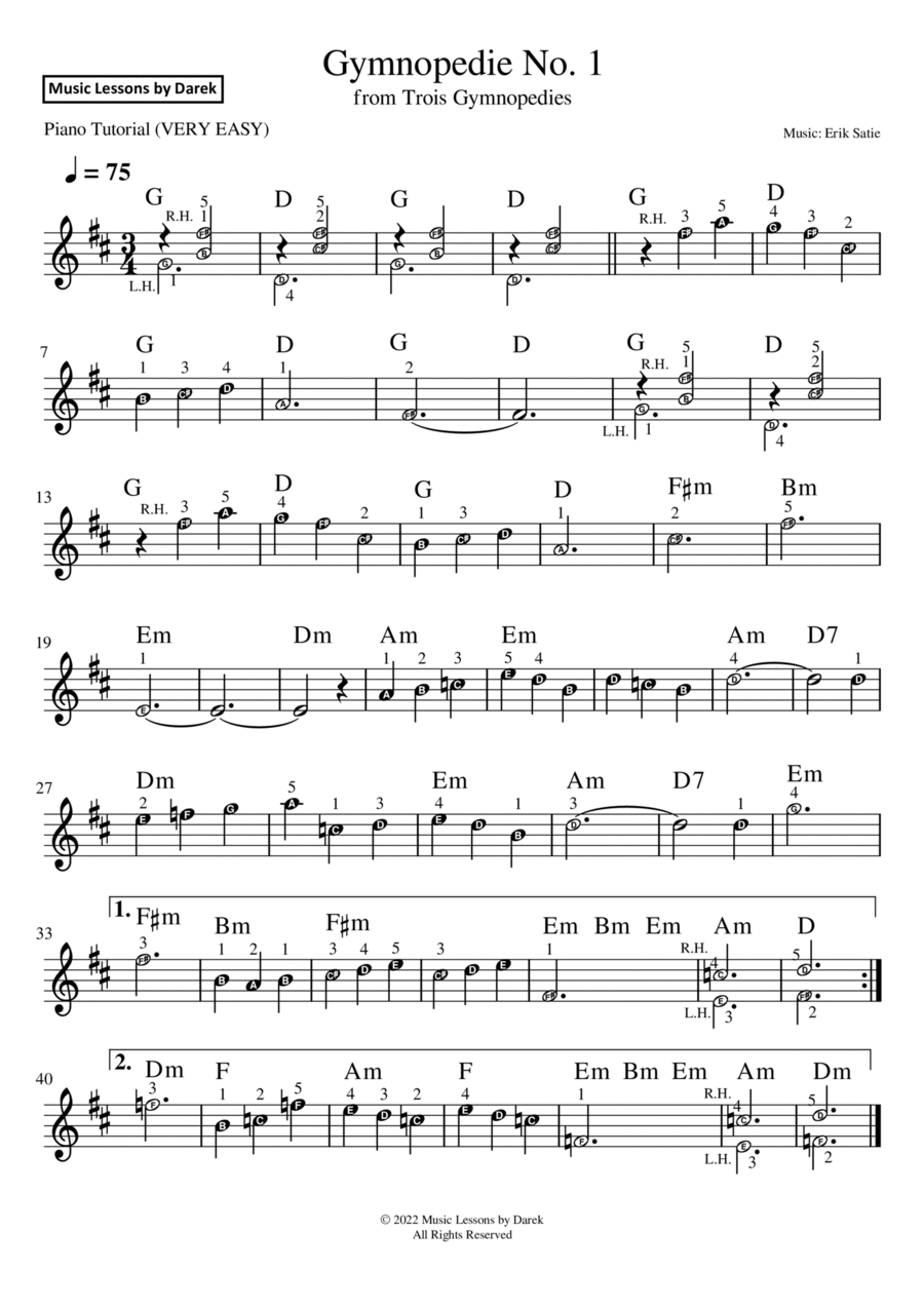 Gymnopedie No. 1 VERY EASY PIANO from Trois Gymnopedies Erik Satie