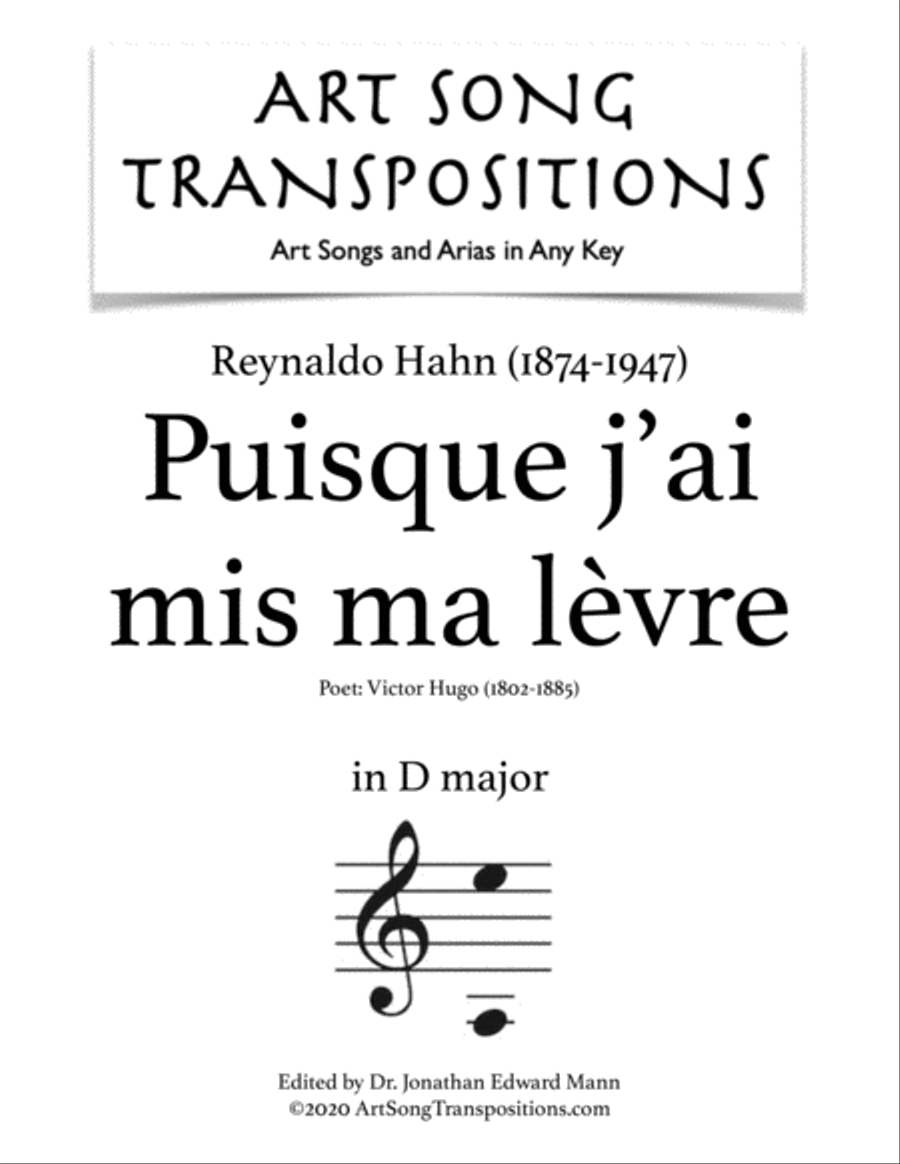 HAHN: Puisque j'ai mis ma lèvre (transposed to D major) Voice scores gallery preview page 1