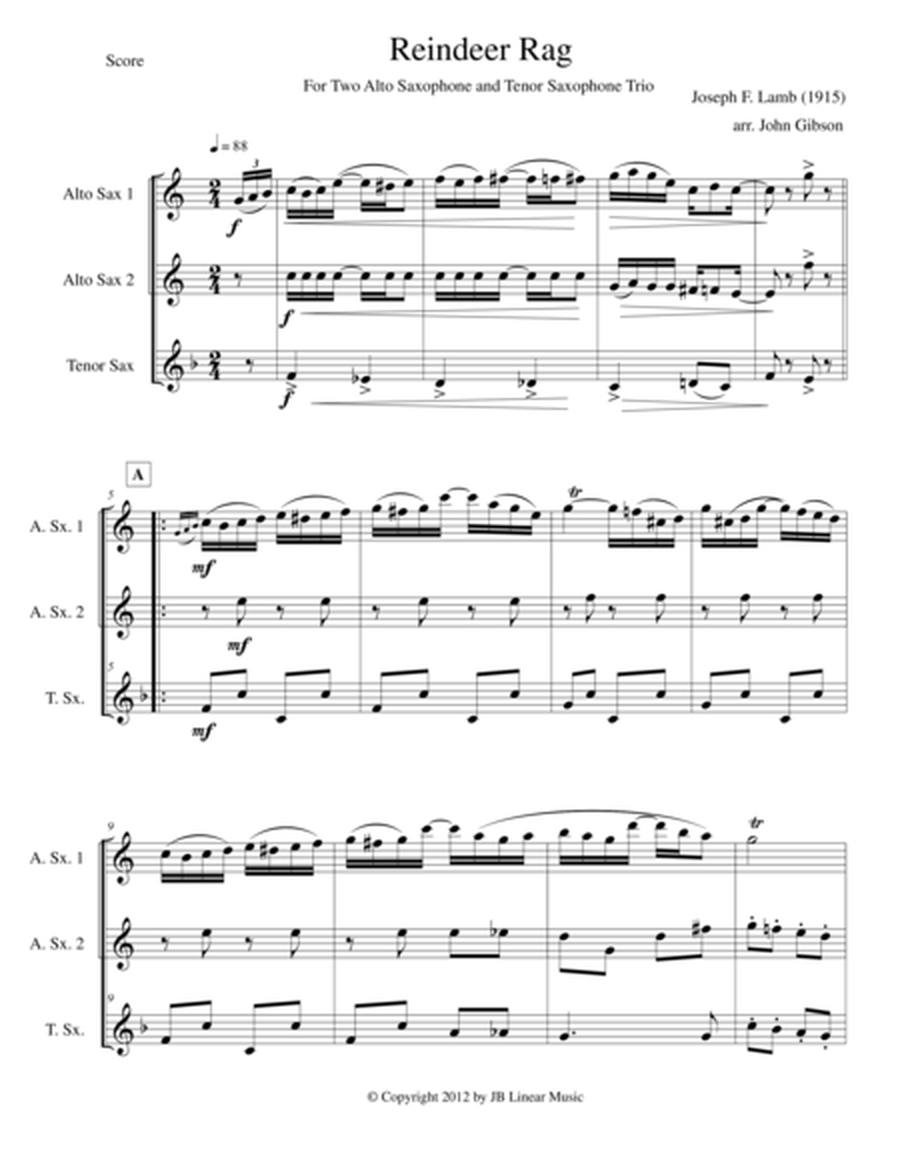 Reindeer Rag by Joseph Lamb for Saxophone Trio (AAT)