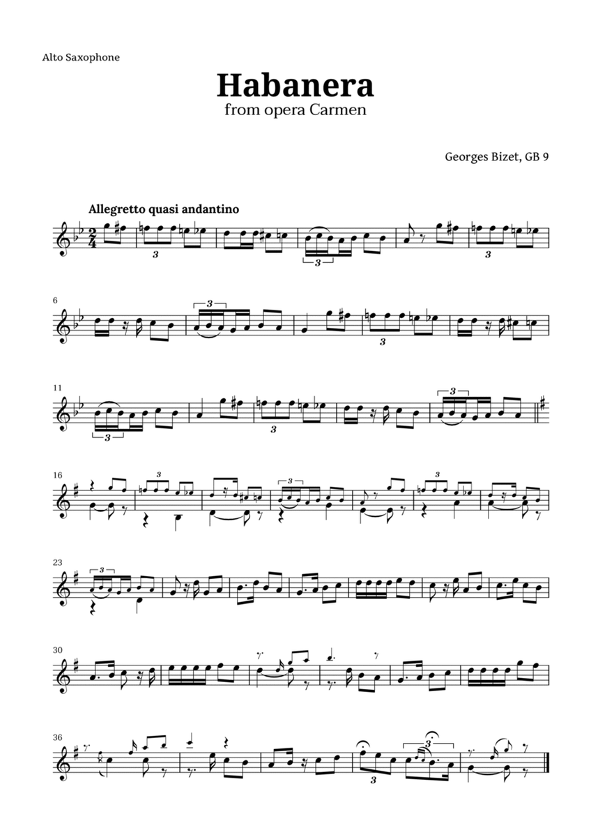 Habanera from Carmen by Bizet for Alto Sax Solo image number null