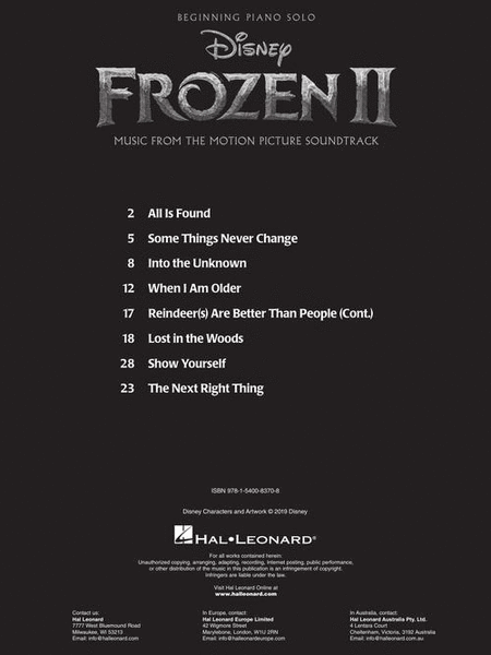 Frozen 2 Beginning Piano Solo Songbook