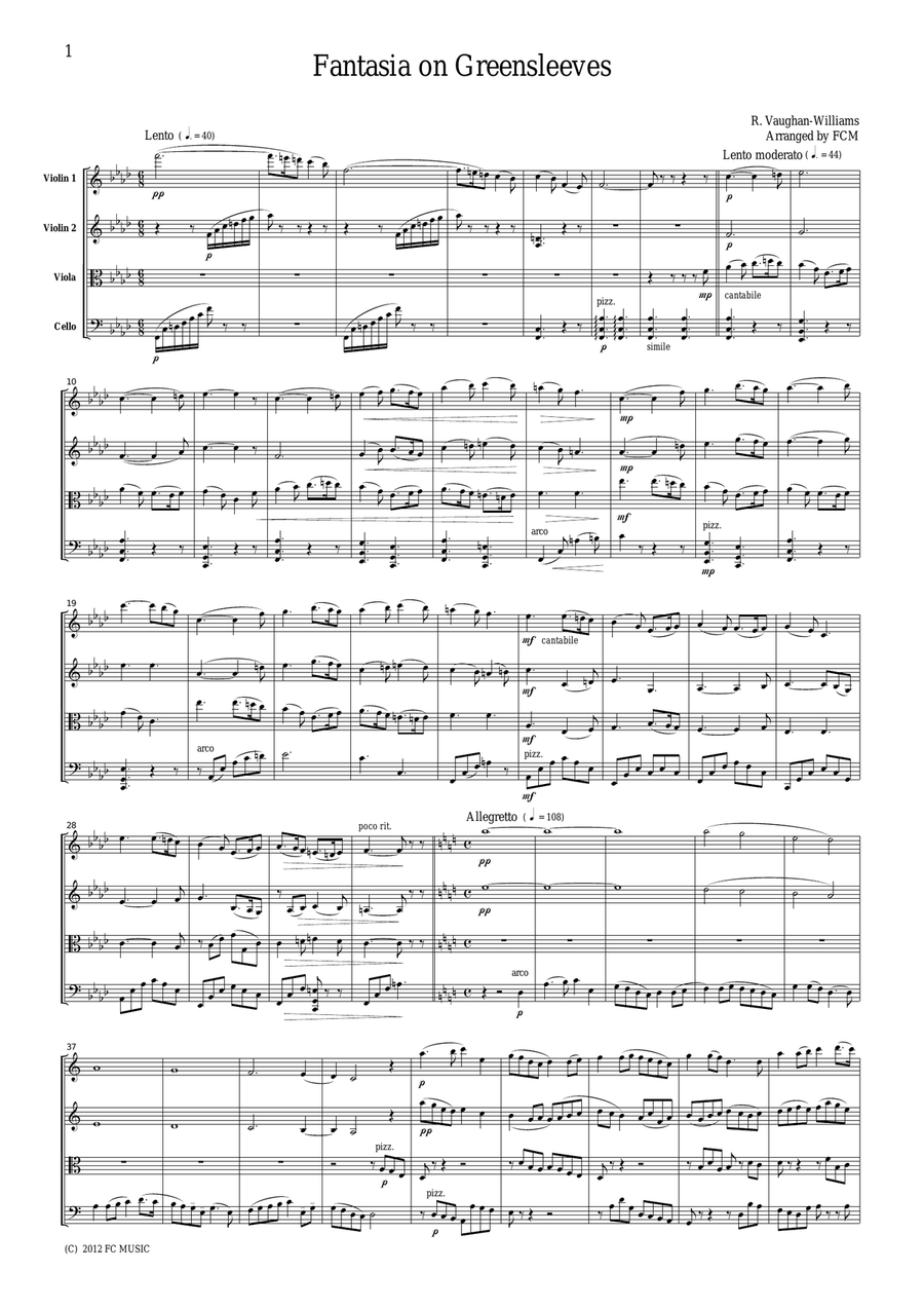 Vaughan-Williams Fantasia on Greensleeves, for string quartet, CV201 String Quartet scores gallery preview page 1