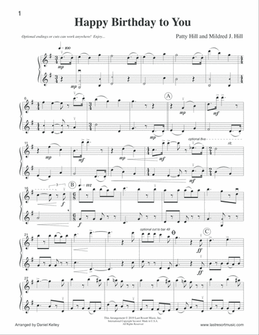 Happy Birthday to You Duet for Violin Duet - Music for Two Violins Small Ensemble scores gallery preview page 2