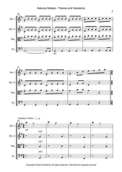 Hakuna Matata Theme & Variation - Easy String Quartet - Score image number null