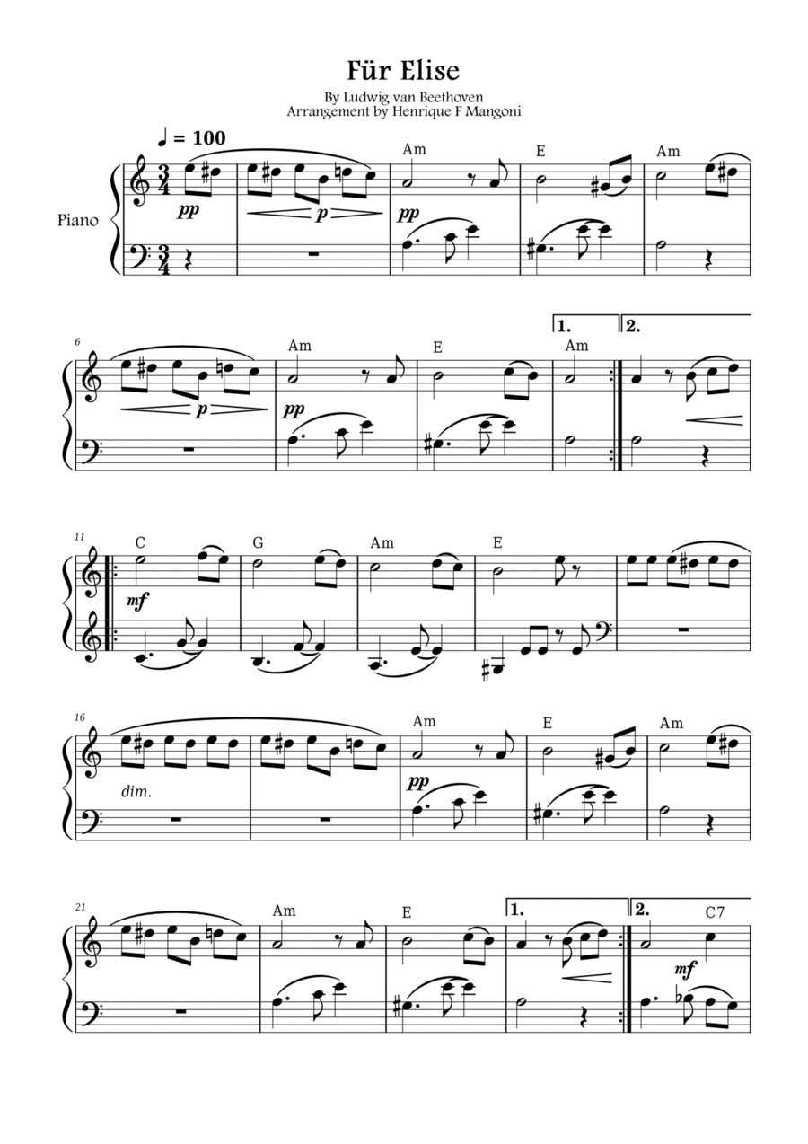 Fur Elise (easy intermediate version) Piano Method scores gallery preview page 1