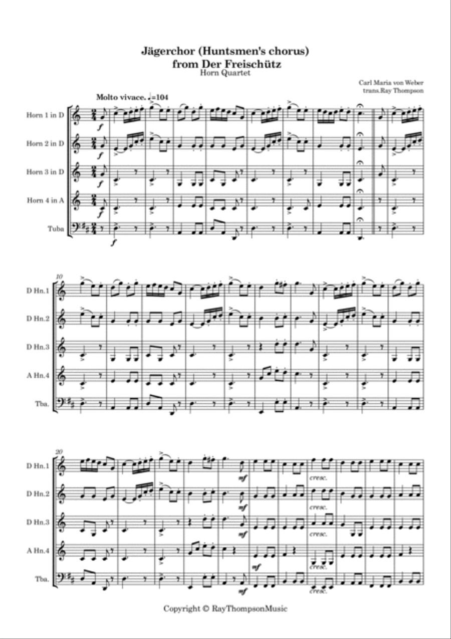 Weber: Jägerchor (Huntsmen's chorus) from Der Freischütz - horn quartet (optional tuba) Choir scores gallery preview page 2