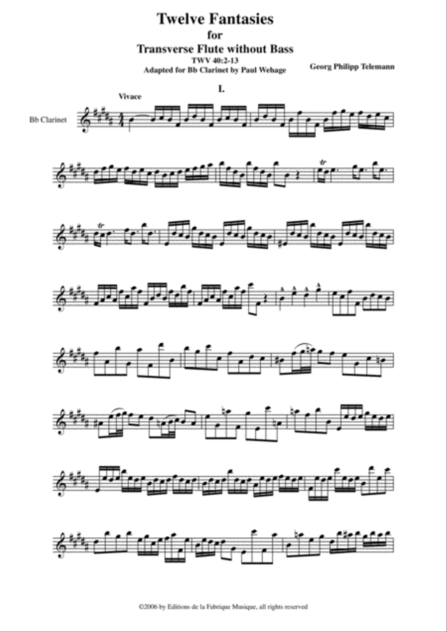 Georg Philipp Telemann: 12 Fantasias for Flute without Bass, TWV 40:2-13, arranged for Bb clarinet b B-Flat Clarinet scores gallery preview page 2