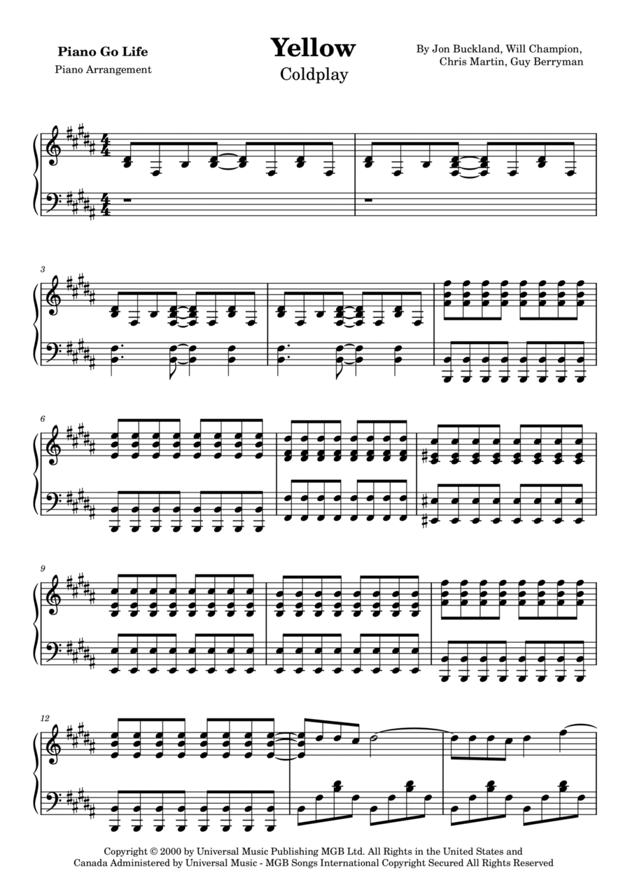 Yellow Yellow Piano Solo scores gallery preview page 1