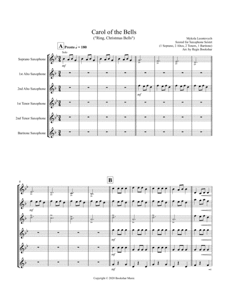 Carol of the Bells (F min) (Saxophone Sextet - 1 Sop, 2 Alto, 2 Ten, 1 Bari) image number null