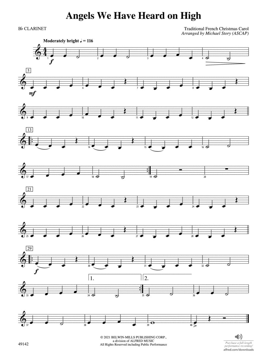 Angels We Have Heard on High: 1st B-flat Clarinet Concert Band scores gallery preview page 1