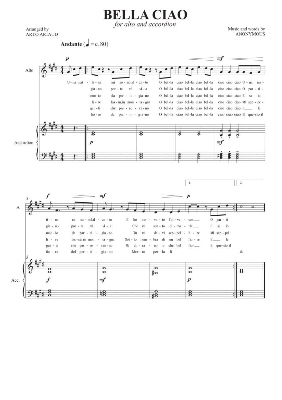 Bella Ciao Alto Voice scores gallery preview page 1