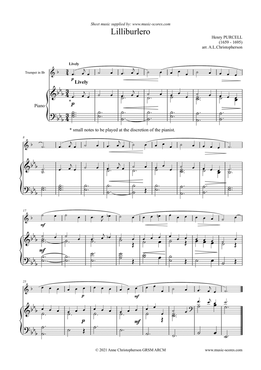 Lilliburlero - Trumpet and Piano image number null