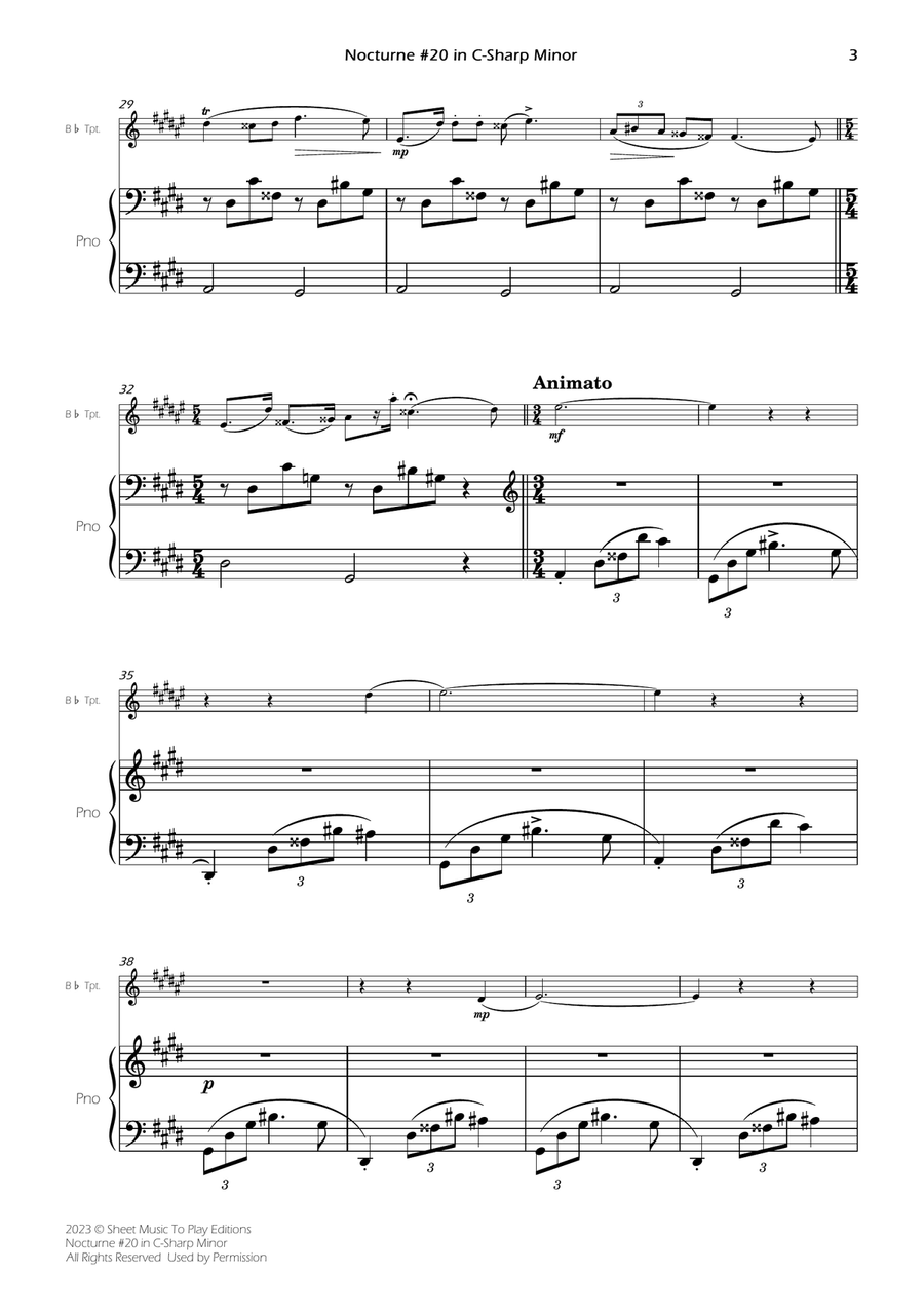 Nocturne No.20 in C-Sharp minor - Bb Trumpet and Piano (Full Score and Parts) B-Flat Trumpet scores gallery preview page 5