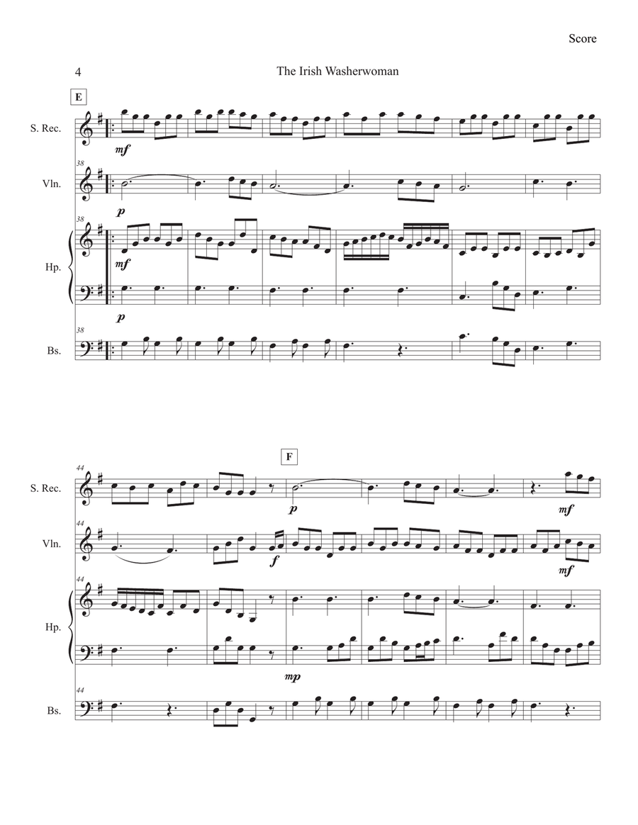 The Irish Washerwoman for Penny Whistle, Violin, Celtic harp and Bass Small Ensemble scores gallery preview page 4