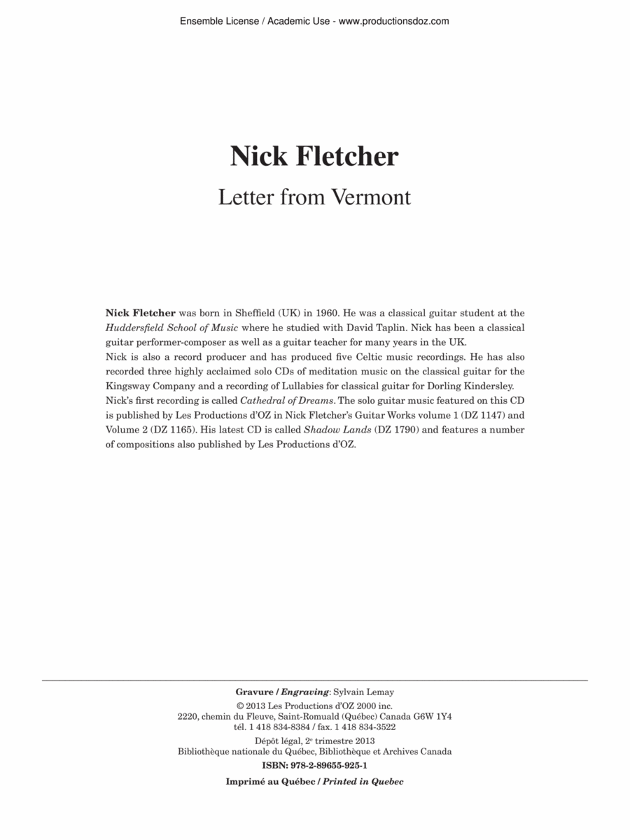 Letter from Vermont Classical Guitar scores gallery preview page 1