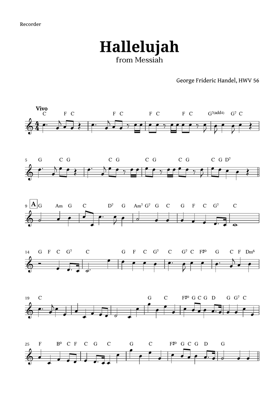 Hallelujah by Handel for Recorder with Chords Soprano Recorder scores gallery preview page 1
