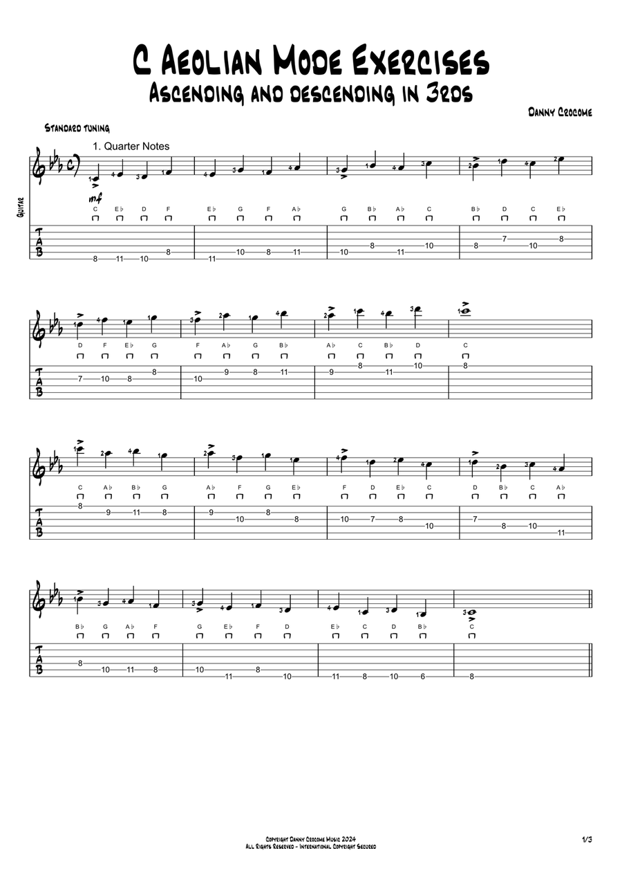 C Aeolian Mode Exercises - Ascending and Descending in 3rds Acoustic Guitar scores gallery preview page 1