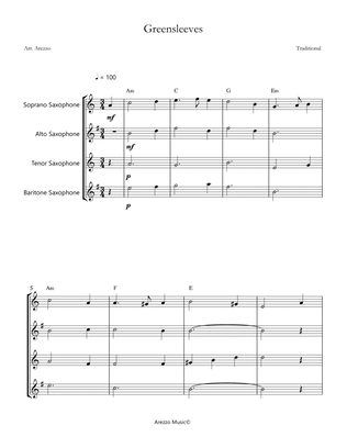 greensleeves saxophone quartet sheet music with chord symbols