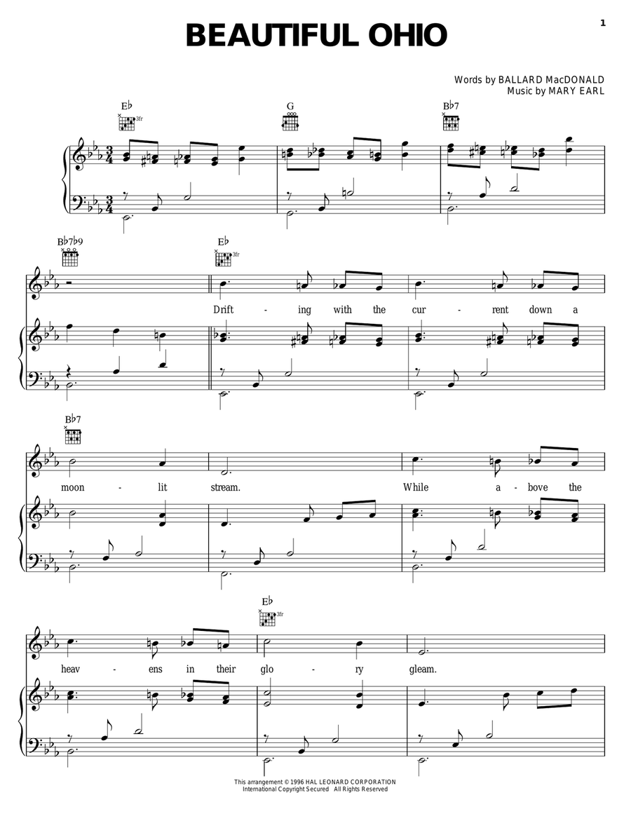 Beautiful Ohio Beautiful Ohio Piano, Vocal, Guitar scores gallery preview page 1