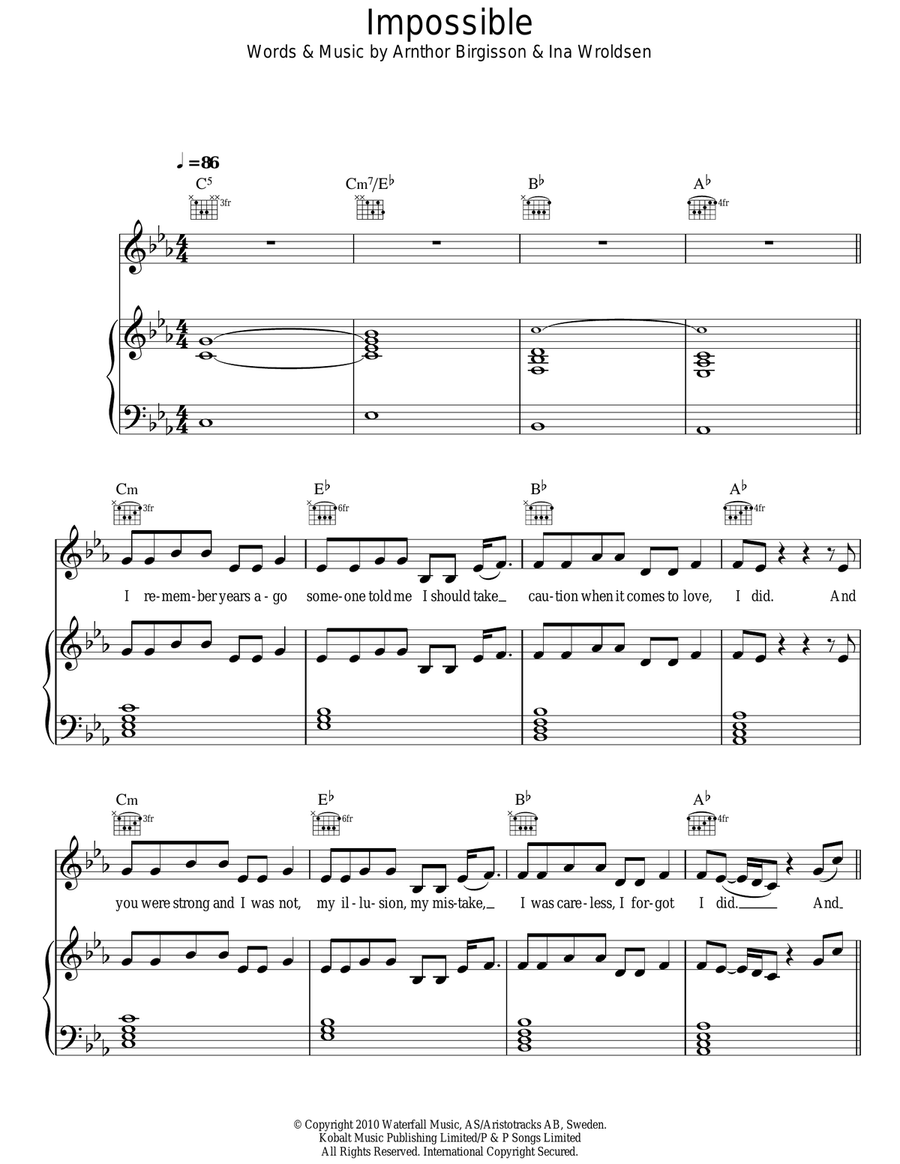 Impossible Piano, Vocal, Guitar scores gallery preview page 1