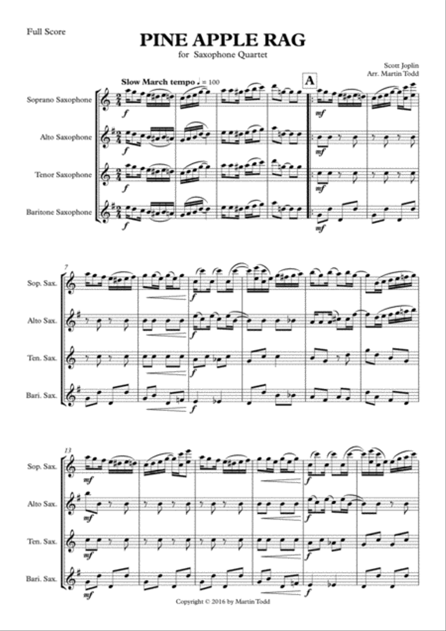 Pine Apple Rag for Saxophone Quartet (SATB) Saxophone Quartet scores gallery preview page 2