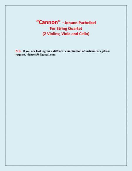 Canon - Johann Pachelbel - Strings Quartet - (2 Violins; Viola; and Violoncello) Intermediate/Advanc image number null