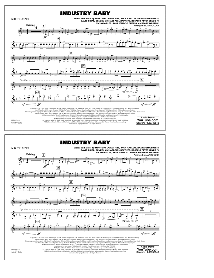 Industry Baby (arr. Jay Bocook) - 1st Bb Trumpet Marching Band scores gallery preview page 1