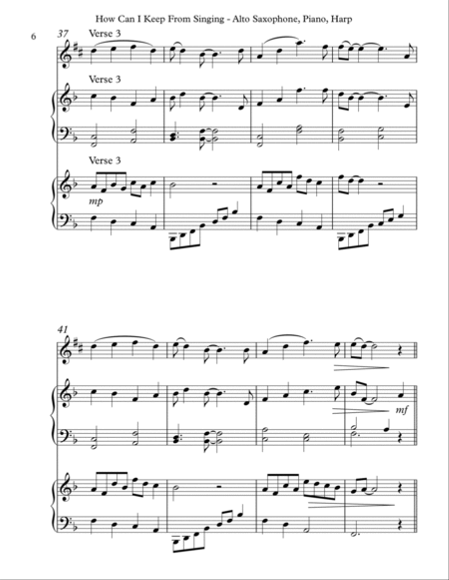 How Can I Keep From Singing, Trio for Eb Alto Saxophone, Piano & Harp Alto Saxophone scores gallery preview page 6
