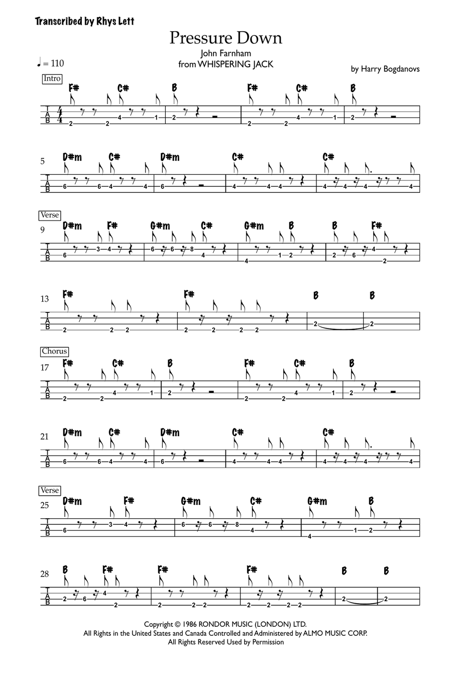 Pressure Down Bass Guitar Tablature scores gallery preview page 1