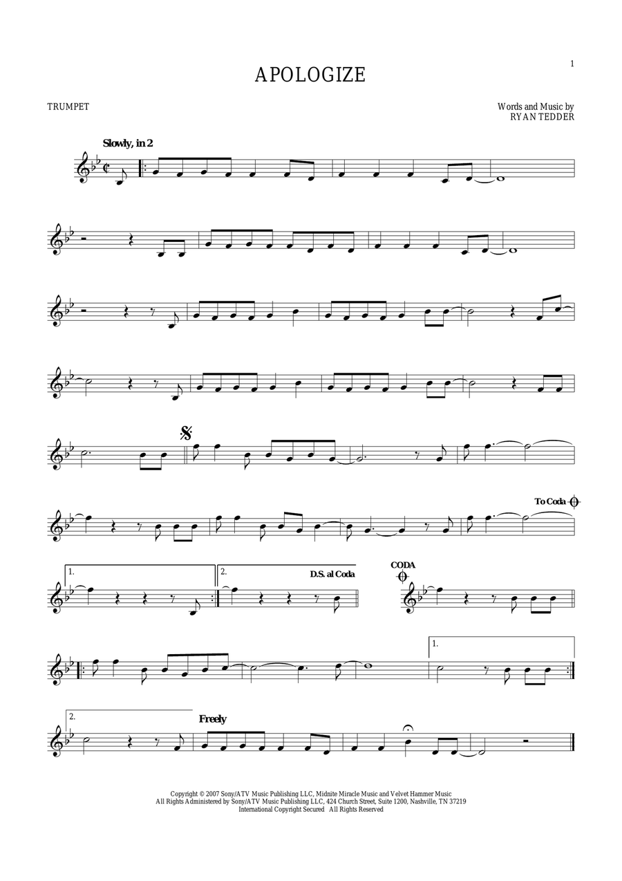 Apologize Trumpet Solo scores gallery preview page 1