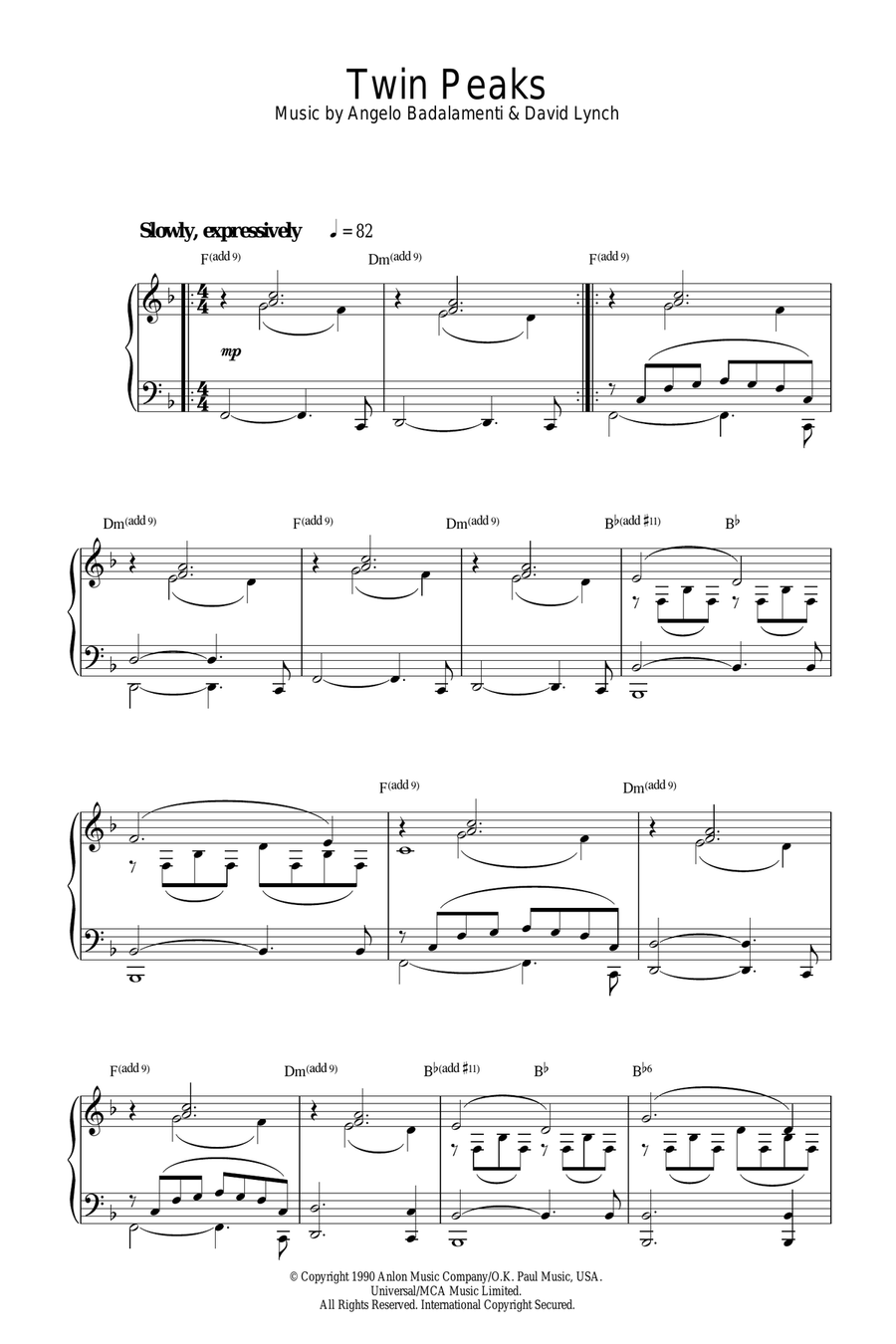 Theme from Twin Peaks Piano Solo scores gallery preview page 1