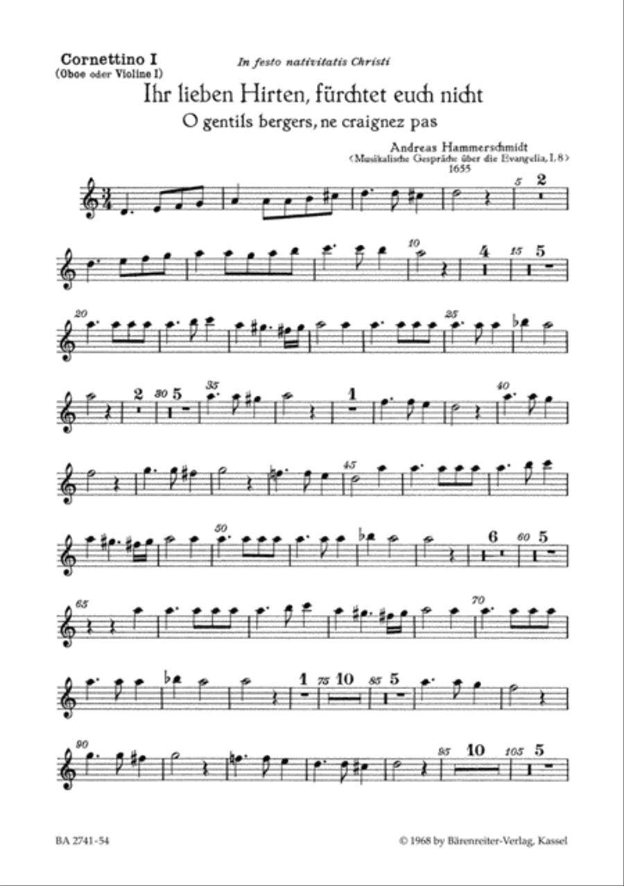 Ihr lieben Hirten, fürchtet euch nicht - O gentils bergers, ne craignez paz für 4 gemischte Stimmen, zwei Oboen (oder Violinen) und Generalbaß Oboe scores gallery preview page 1