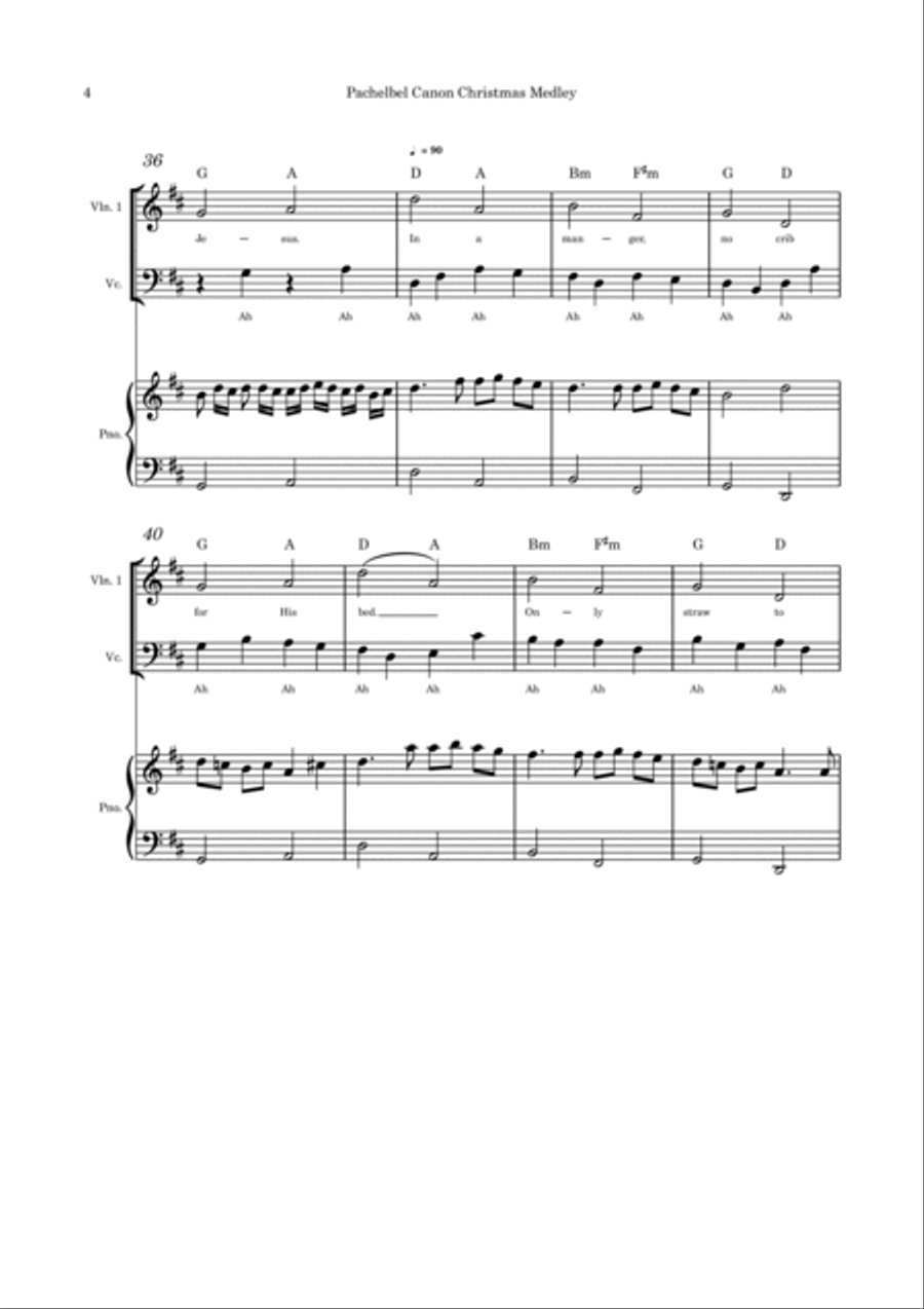 Pachelbel Canon with optional Christmas Medley lyrics violin and cello duet and piano Piano Trio scores gallery preview page 4