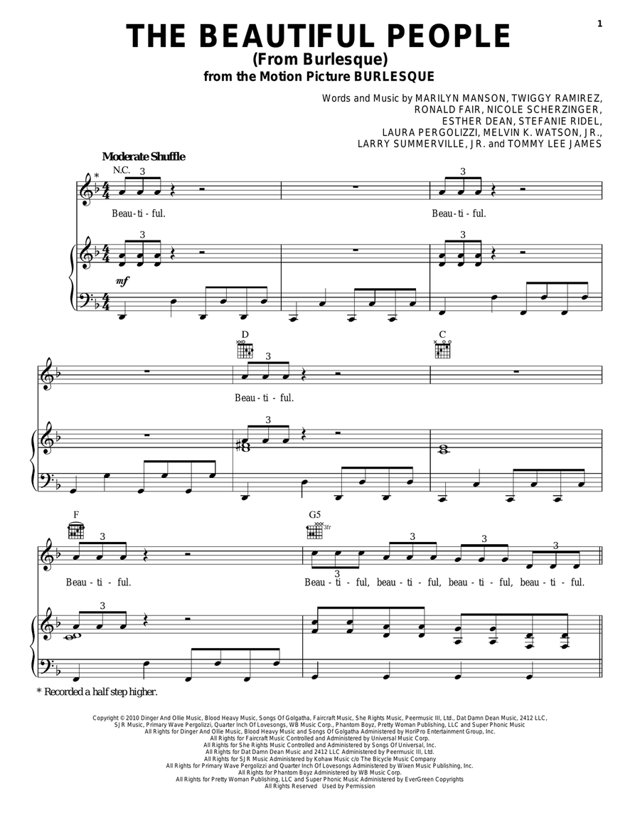 The Beautiful People (from Burlesque) Piano, Vocal, Guitar scores gallery preview page 1