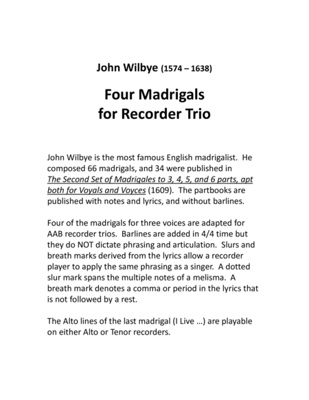 Four Wilbye Madrigals for AAB Recorder Trio image number null
