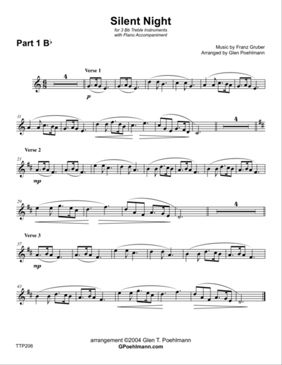 SILENT NIGHT - 1, 2 or 3 Bb TREBLE INSTRUMENTS with Piano Accompaniment Small Ensemble scores gallery preview page 5