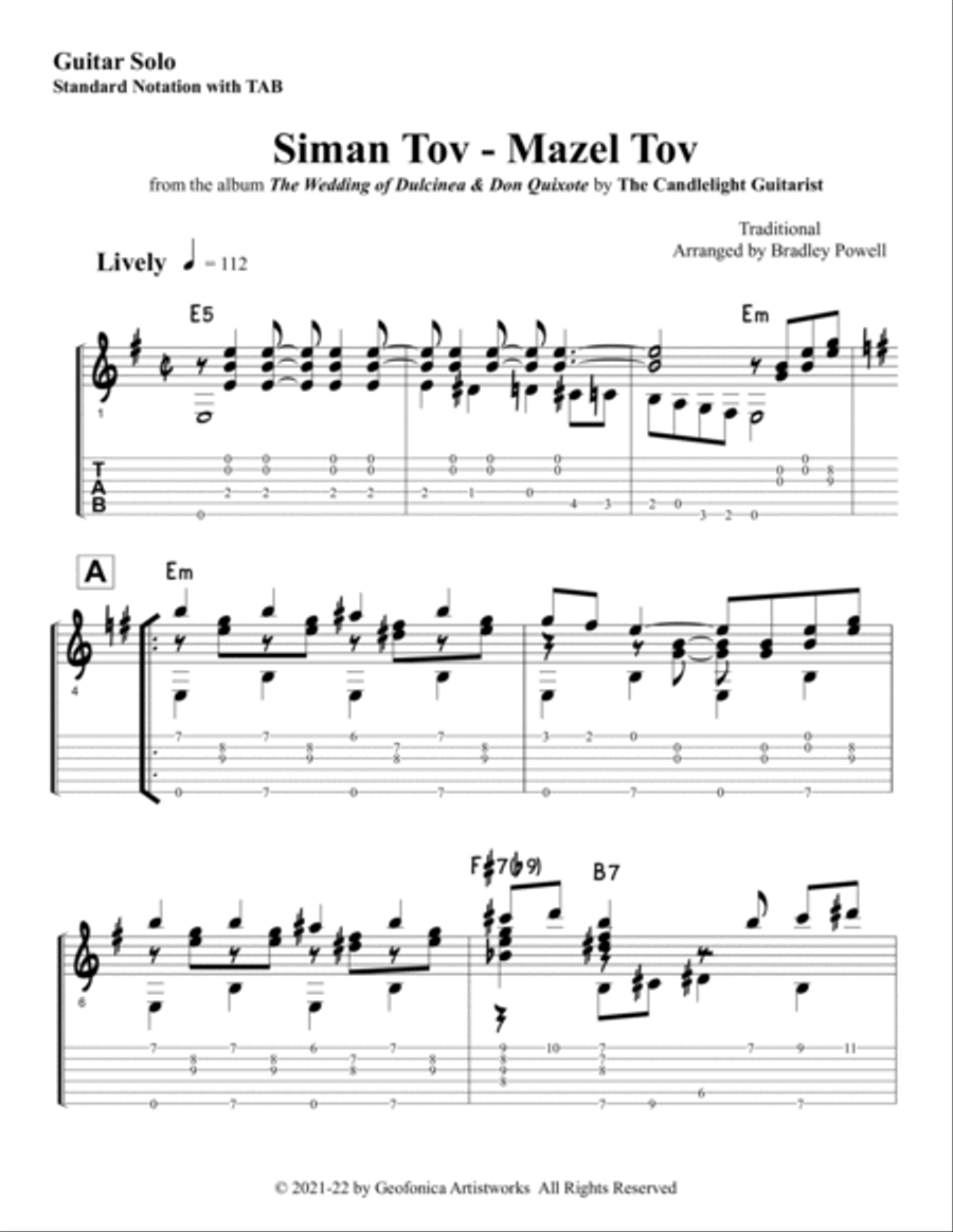 Siman Tov, Mazel Tov (guitar solo, in standard notation with TAB)