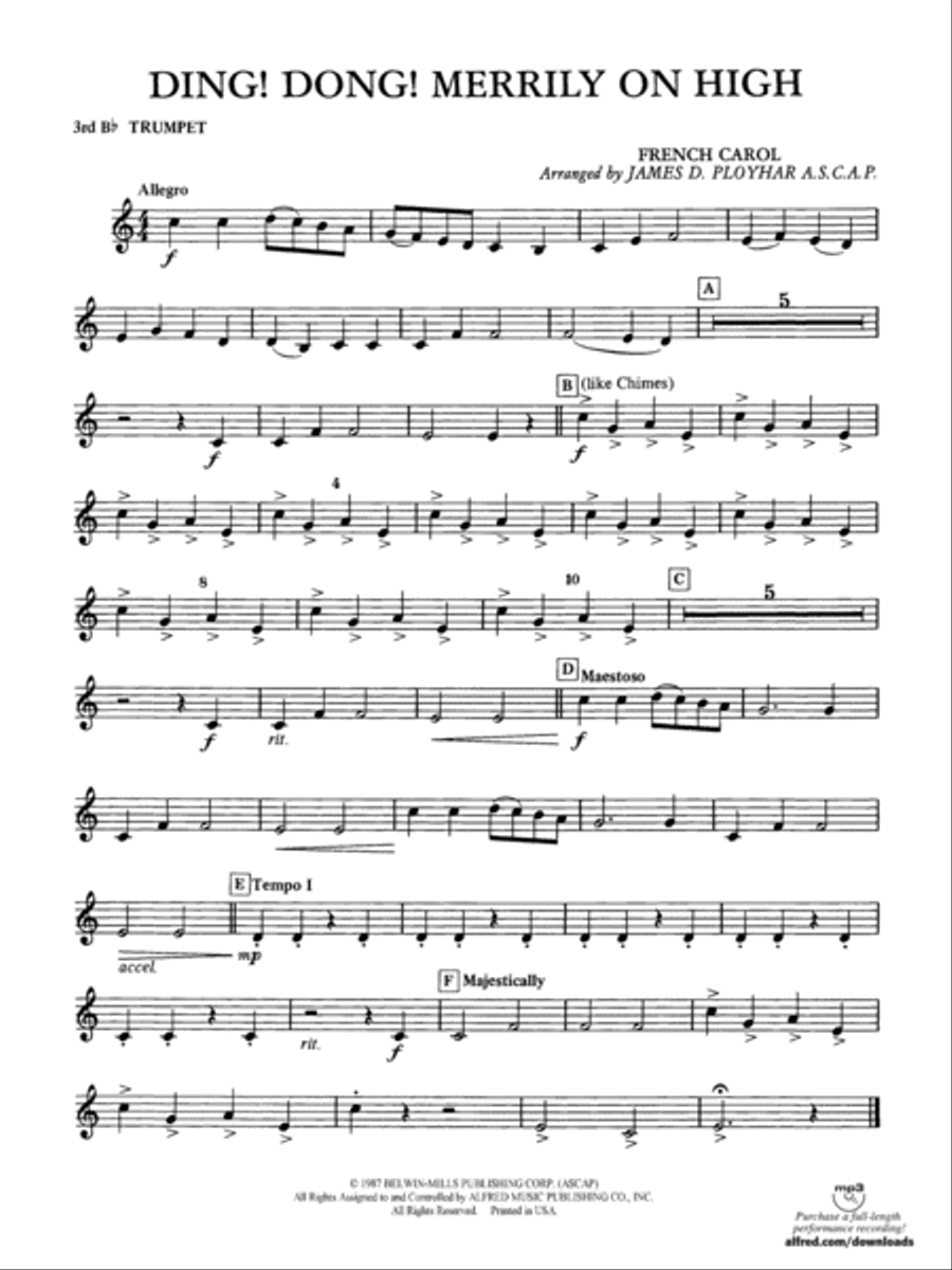 Ding! Dong! Merrily on High: 3rd B-flat Trumpet Concert Band scores gallery preview page 1