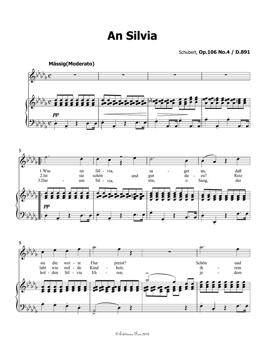 An Silvia, by Schubert, D.891, in D flat Major Voice scores gallery preview page 3